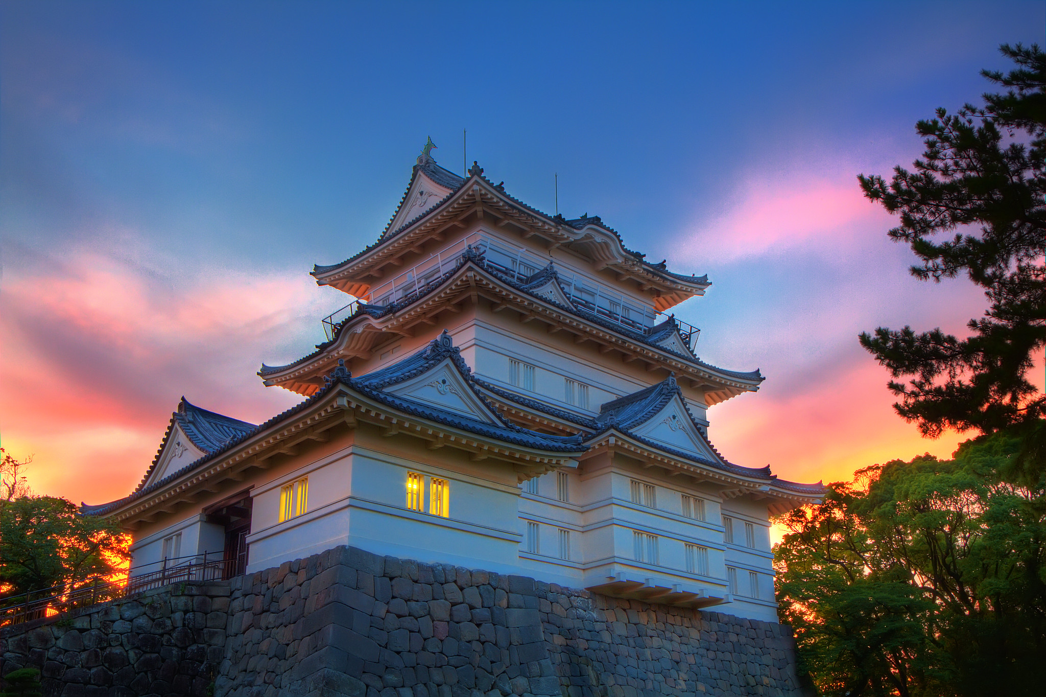 A japanese castle on sunset